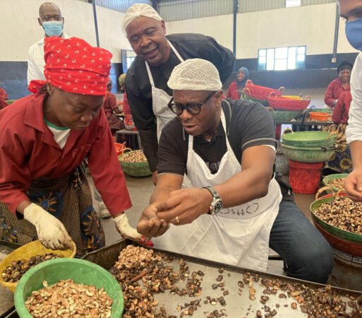 Knowledge sharing at its finest: Vice President Quaynor learning the tricks of the trade from an experienced cashew sorter during his visit to a cashew processing plant in Nampula, Mozambique