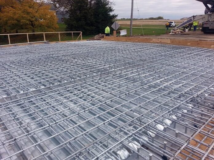 Galvanized rebar in place before the concrete pour