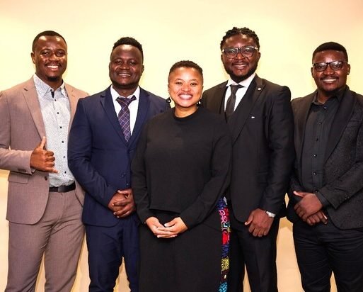 The four Aaint Prize finalists with Judy Sikuza, CEO of The Mandela Rhodes Foundation.