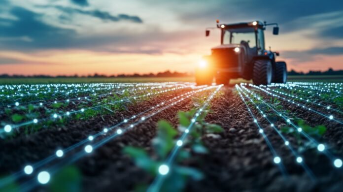 Modern agriculture practice with illuminated fields during sunset. Generative AI